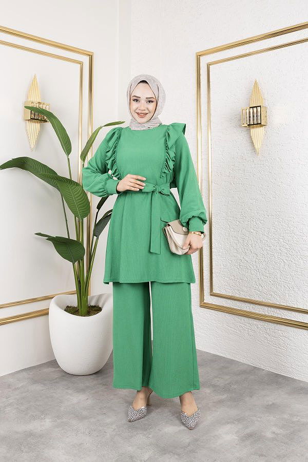 Fırfır Detaylı Tesettür Takım-3131 Benetton yeşili