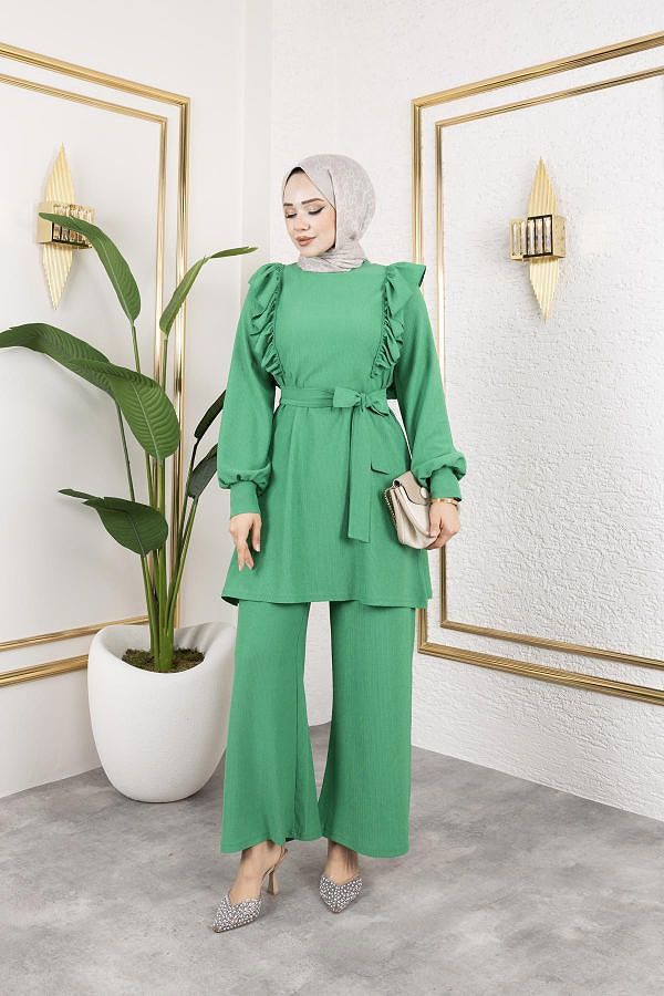 Fırfır Detaylı Tesettür Takım-3131 Benetton yeşili