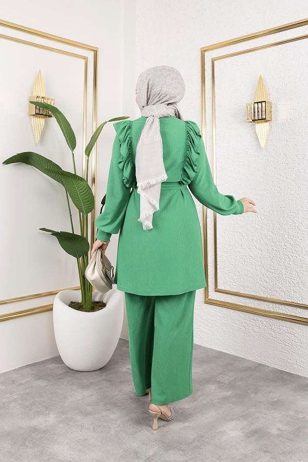 Fırfır Detaylı Tesettür Takım-3131 Benetton yeşili