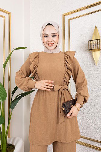 Modaebva - Fırfır Detaylı Tesettür Takım-3131 Latte (1)