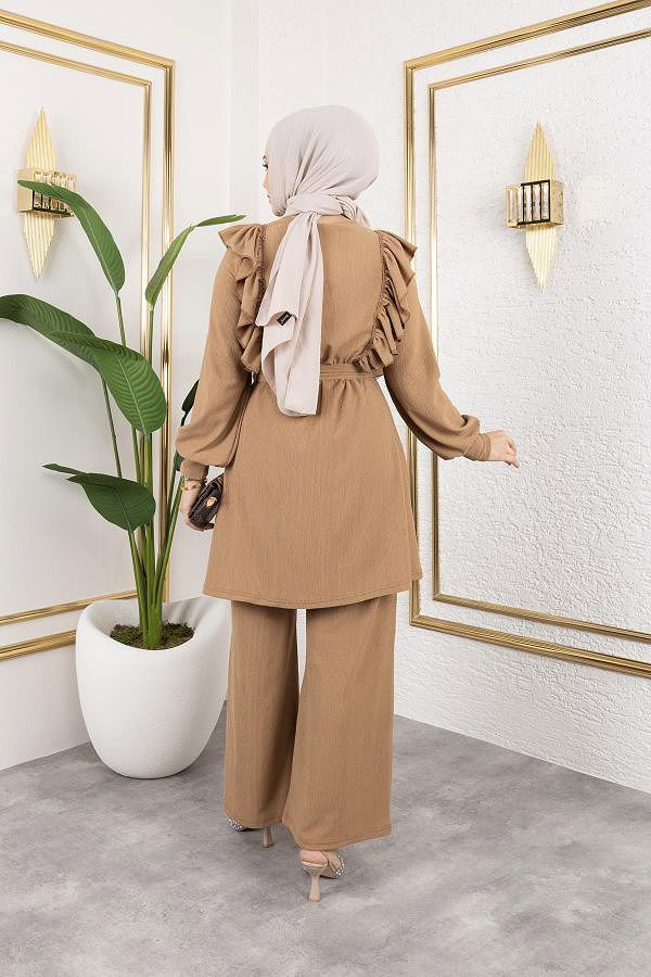 Fırfır Detaylı Tesettür Takım-3131 Latte