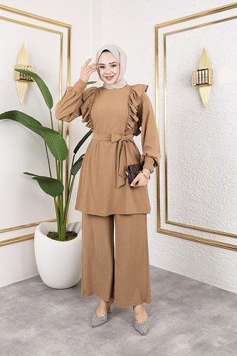 Modaebva - Fırfır Detaylı Tesettür Takım-3131 Latte