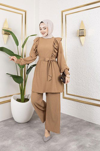 Fırfır Detaylı Tesettür Takım-3131 Latte - Thumbnail