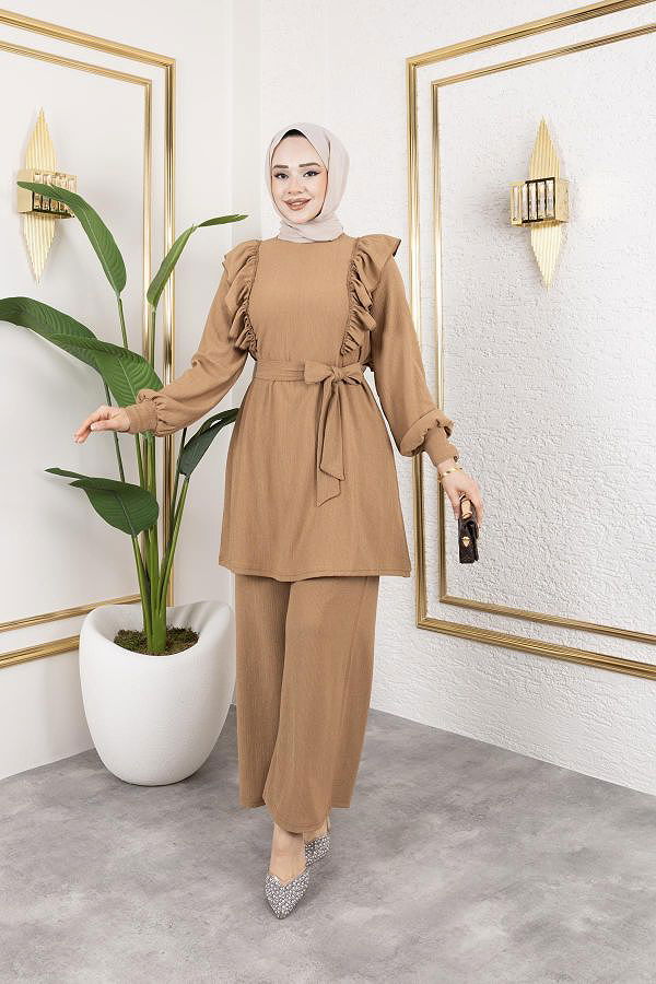 Fırfır Detaylı Tesettür Takım-3131 Latte