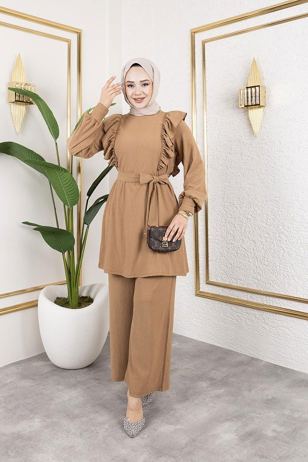 Fırfır Detaylı Tesettür Takım-3131 Latte