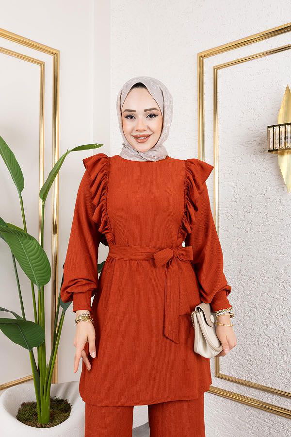 Fırfır Detaylı Tesettür Takım-3131 Oranj
