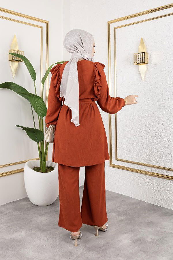 Fırfır Detaylı Tesettür Takım-3131 Oranj