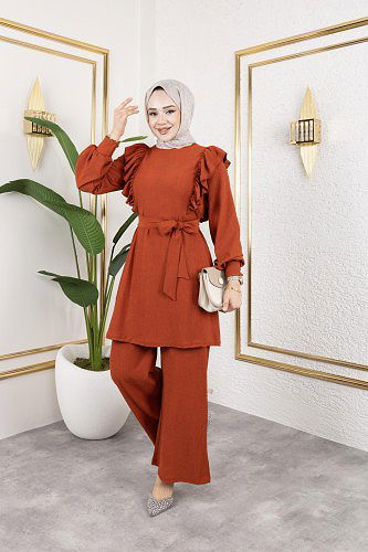 Fırfır Detaylı Tesettür Takım-3131 Oranj - Thumbnail