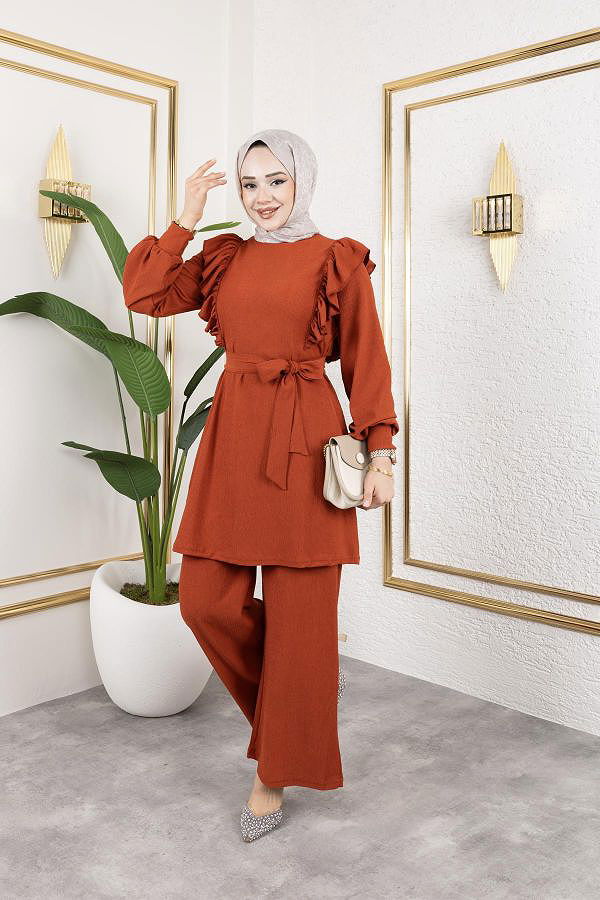 Fırfır Detaylı Tesettür Takım-3131 Oranj