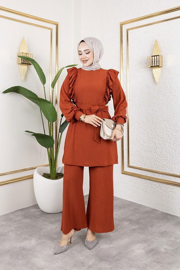 Fırfır Detaylı Tesettür Takım-3131 Oranj