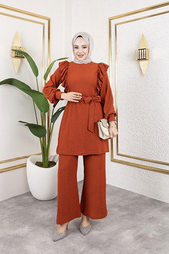 Modaebva - Fırfır Detaylı Tesettür Takım-3131 Oranj