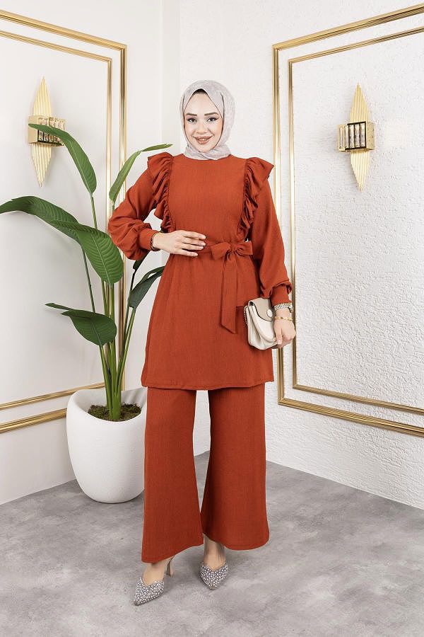 Fırfır Detaylı Tesettür Takım-3131 Oranj