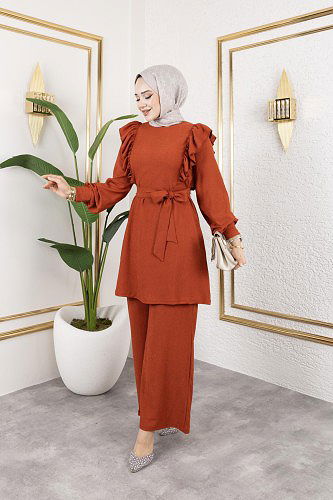 Fırfır Detaylı Tesettür Takım-3131 Oranj - Thumbnail