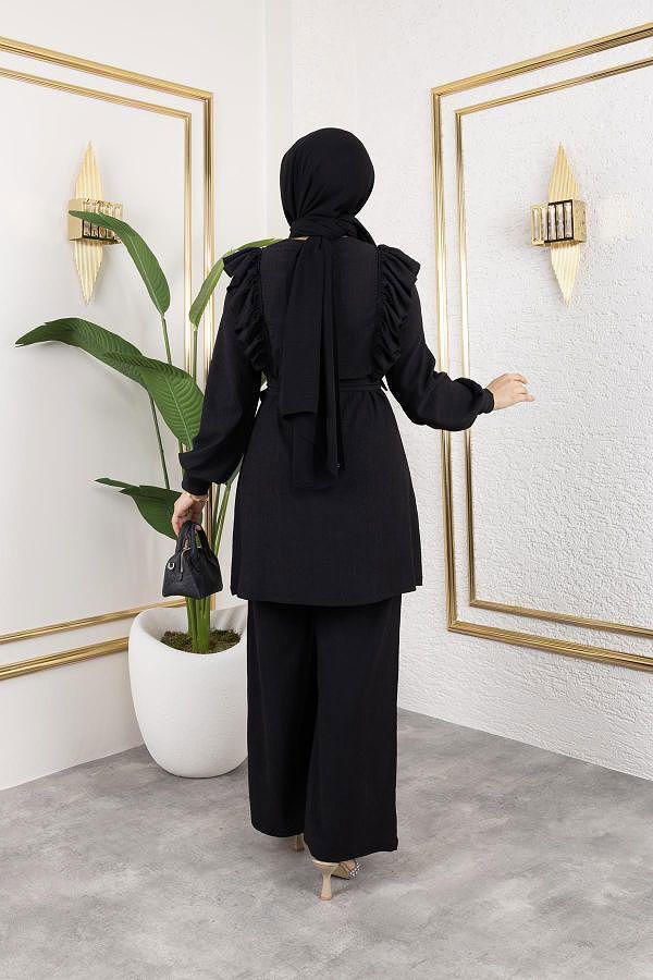 Fırfır Detaylı Tesettür Takım-3131Siyah