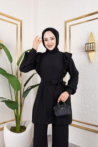 Modaebva - Fırfır Detaylı Tesettür Takım-3131Siyah (1)
