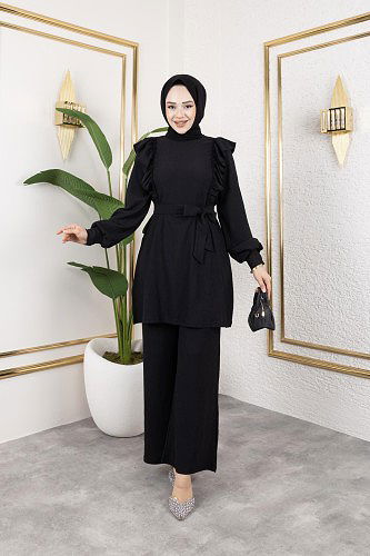 Fırfır Detaylı Tesettür Takım-3131Siyah - Thumbnail