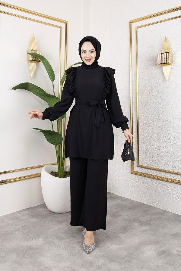 Fırfır Detaylı Tesettür Takım-3131Siyah