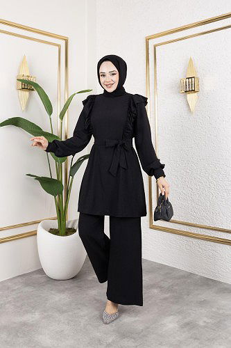 Fırfır Detaylı Tesettür Takım-3131Siyah - Thumbnail