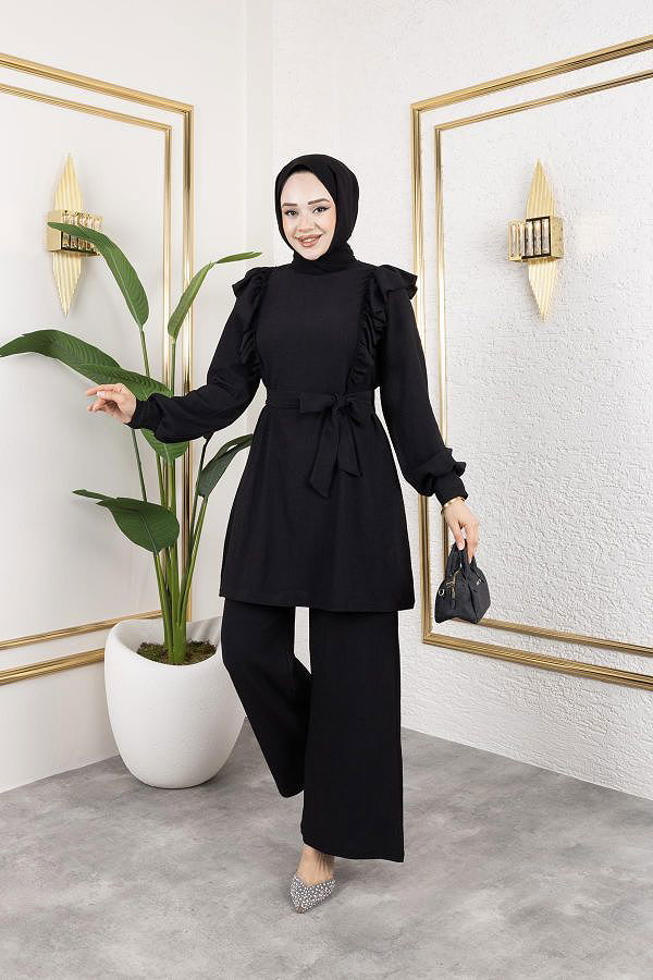 Fırfır Detaylı Tesettür Takım-3131Siyah