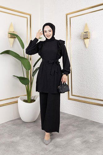 Fırfır Detaylı Tesettür Takım-3131Siyah - Thumbnail