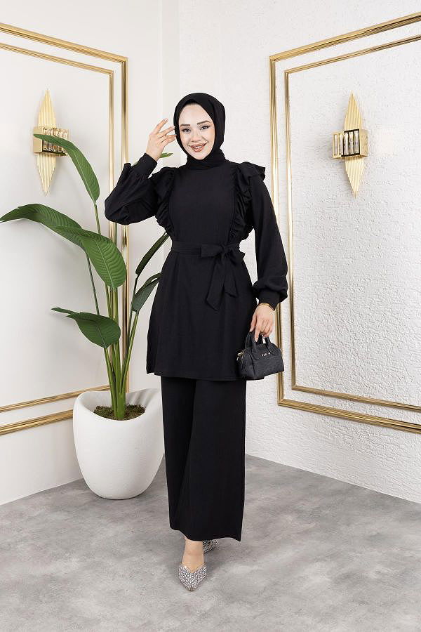 Fırfır Detaylı Tesettür Takım-3131Siyah
