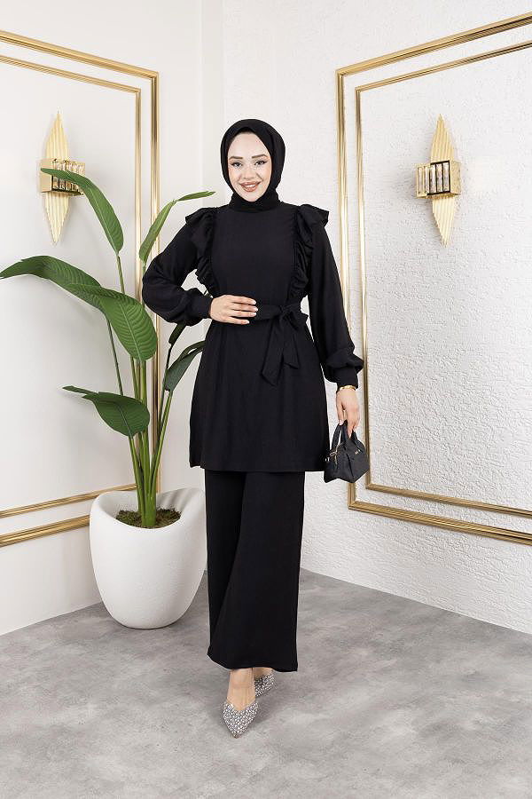 Fırfır Detaylı Tesettür Takım-3131Siyah
