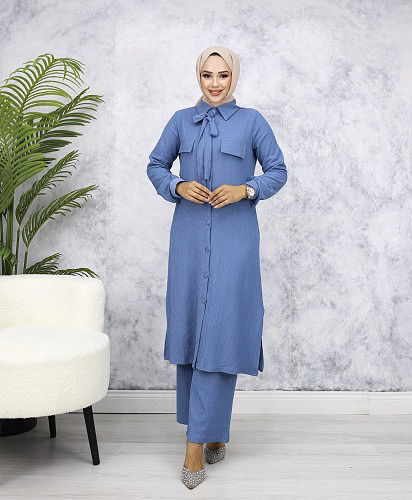 Flar Detaylı İkili Tesettür Takım-3151 Bebe mavisi - Thumbnail