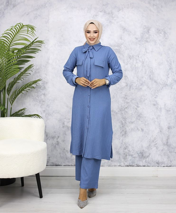 Flar Detaylı İkili Tesettür Takım-3151 Bebe mavisi
