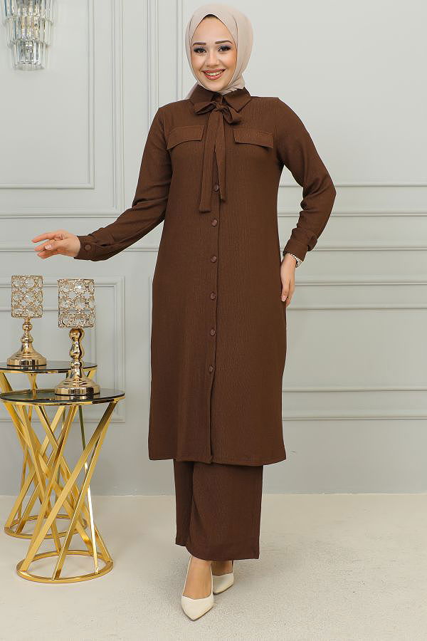 Flar Detaylı İkili Tesettür Takım-3151 Kahve
