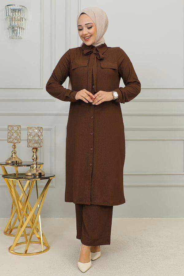 Flar Detaylı İkili Tesettür Takım-3151 Kahve