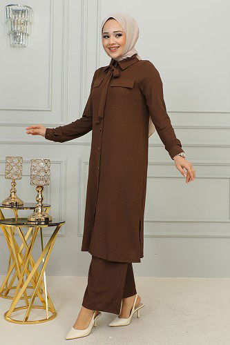 Flar Detaylı İkili Tesettür Takım-3151 Kahve - Thumbnail