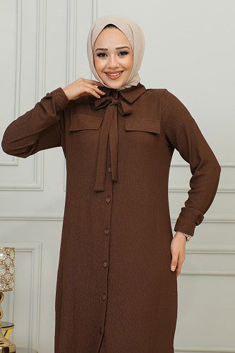 Flar Detaylı İkili Tesettür Takım-3151 Kahve - Thumbnail