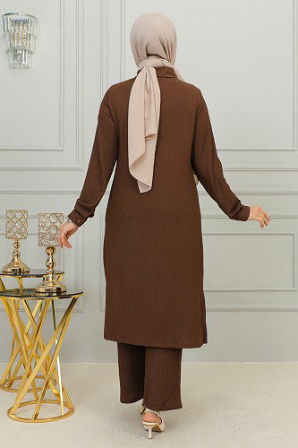 Flar Detaylı İkili Tesettür Takım-3151 Kahve - Thumbnail