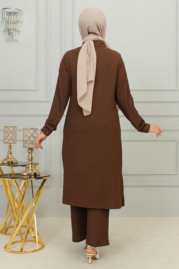 Flar Detaylı İkili Tesettür Takım-3151 Kahve