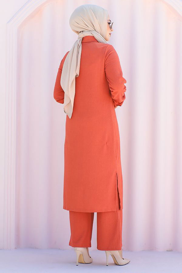 Flar Detaylı İkili Tesettür Takım-3151 Kiremit