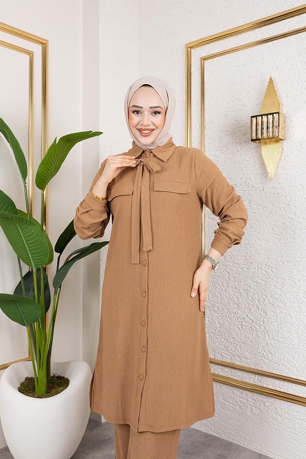 Flar Detaylı İkili Tesettür Takım-3151 Latte