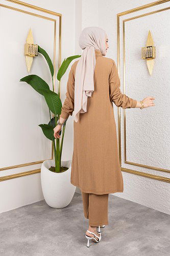 Flar Detaylı İkili Tesettür Takım-3151 Latte - Thumbnail