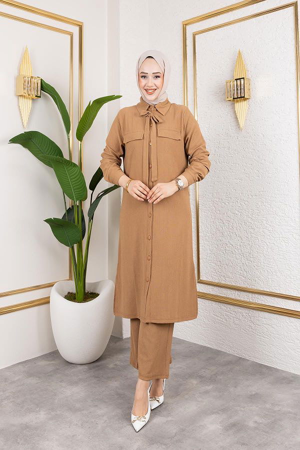 Flar Detaylı İkili Tesettür Takım-3151 Latte