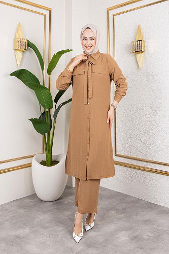 Modaebva - Flar Detaylı İkili Tesettür Takım-3151 Latte (1)