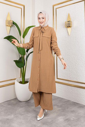 Modaebva - Flar Detaylı İkili Tesettür Takım-3151 Latte