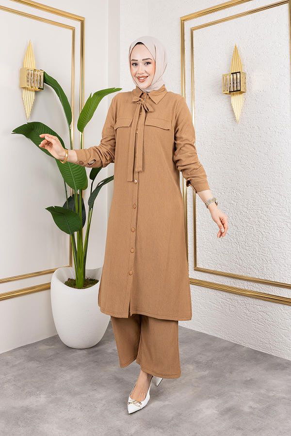 Flar Detaylı İkili Tesettür Takım-3151 Latte