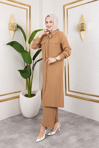 Flar Detaylı İkili Tesettür Takım-3151 Latte - Thumbnail