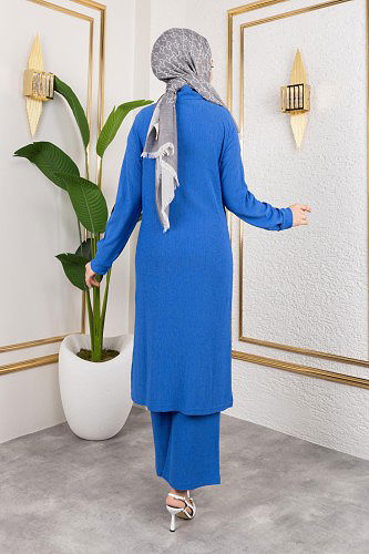 Flar Detaylı İkili Tesettür Takım-3151 Saks - Thumbnail