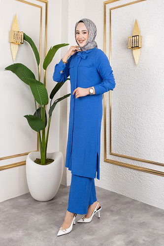 Flar Detaylı İkili Tesettür Takım-3151 Saks - Thumbnail