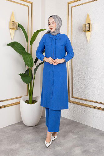 Flar Detaylı İkili Tesettür Takım-3151 Saks - Thumbnail