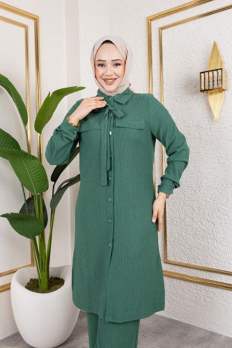 Modaebva - Flar Detaylı İkili Tesettür Takım-3151 Yeşil (1)
