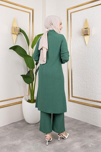 Flar Detaylı İkili Tesettür Takım-3151 Yeşil - Thumbnail