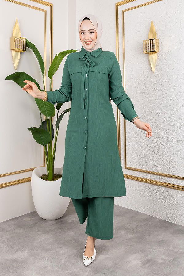 Flar Detaylı İkili Tesettür Takım-3151 Yeşil