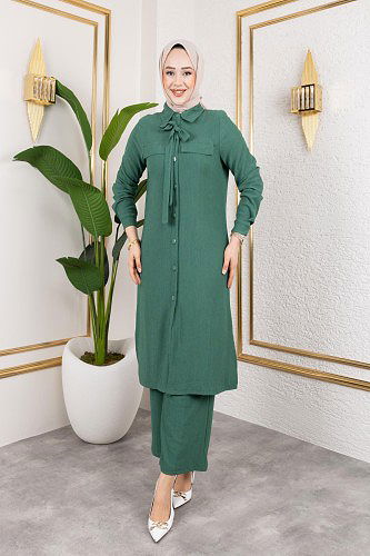 Flar Detaylı İkili Tesettür Takım-3151 Yeşil - Thumbnail