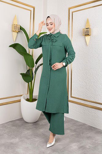 Flar Detaylı İkili Tesettür Takım-3151 Yeşil - Thumbnail